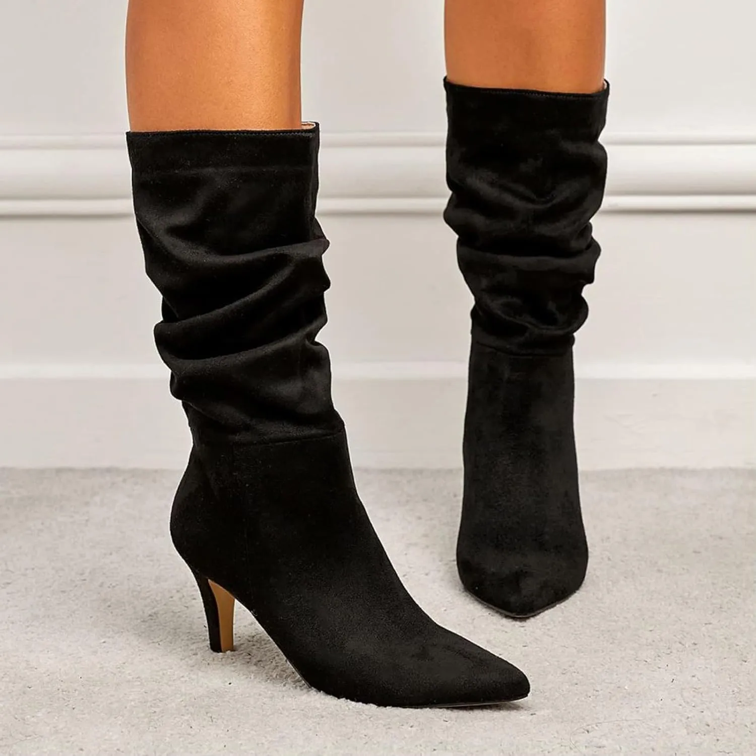 Knee High Boots for Women Mid Calf Boots Kitten Heel Boots Comfortable Riding Boots Side Zipper Fall Boots with Buckle