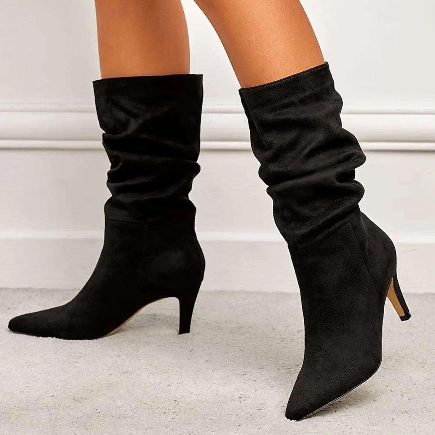 Knee High Boots for Women Mid Calf Boots Kitten Heel Boots Comfortable Riding Boots Side Zipper Fall Boots with Buckle