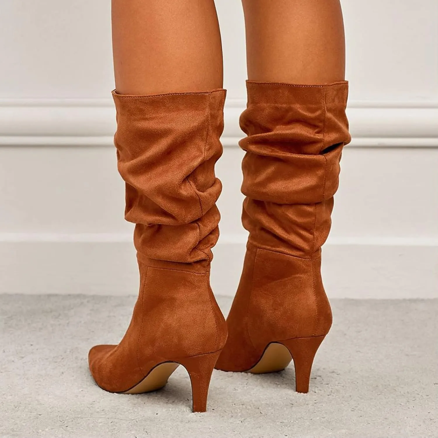 Knee High Boots for Women Mid Calf Boots Kitten Heel Boots Comfortable Riding Boots Side Zipper Fall Boots with Buckle