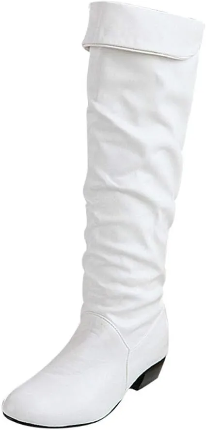 Knee High Boots for Women Round Toe Wide Calf Boots Chunky Low Heel Cowboy Boots Pull On Tall Boots Winter Shoes