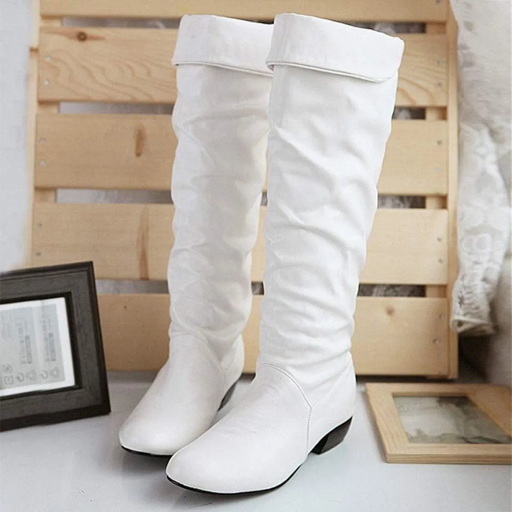 Knee High Boots for Women Round Toe Wide Calf Boots Chunky Low Heel Cowboy Boots Pull On Tall Boots Winter Shoes