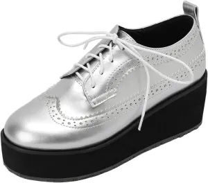 KOKOMOMO Womens Wingtip Platform Wedge Oxfords Heels Patent Leather Oxford Brogues Shoes High Heel Vintage Sneakers