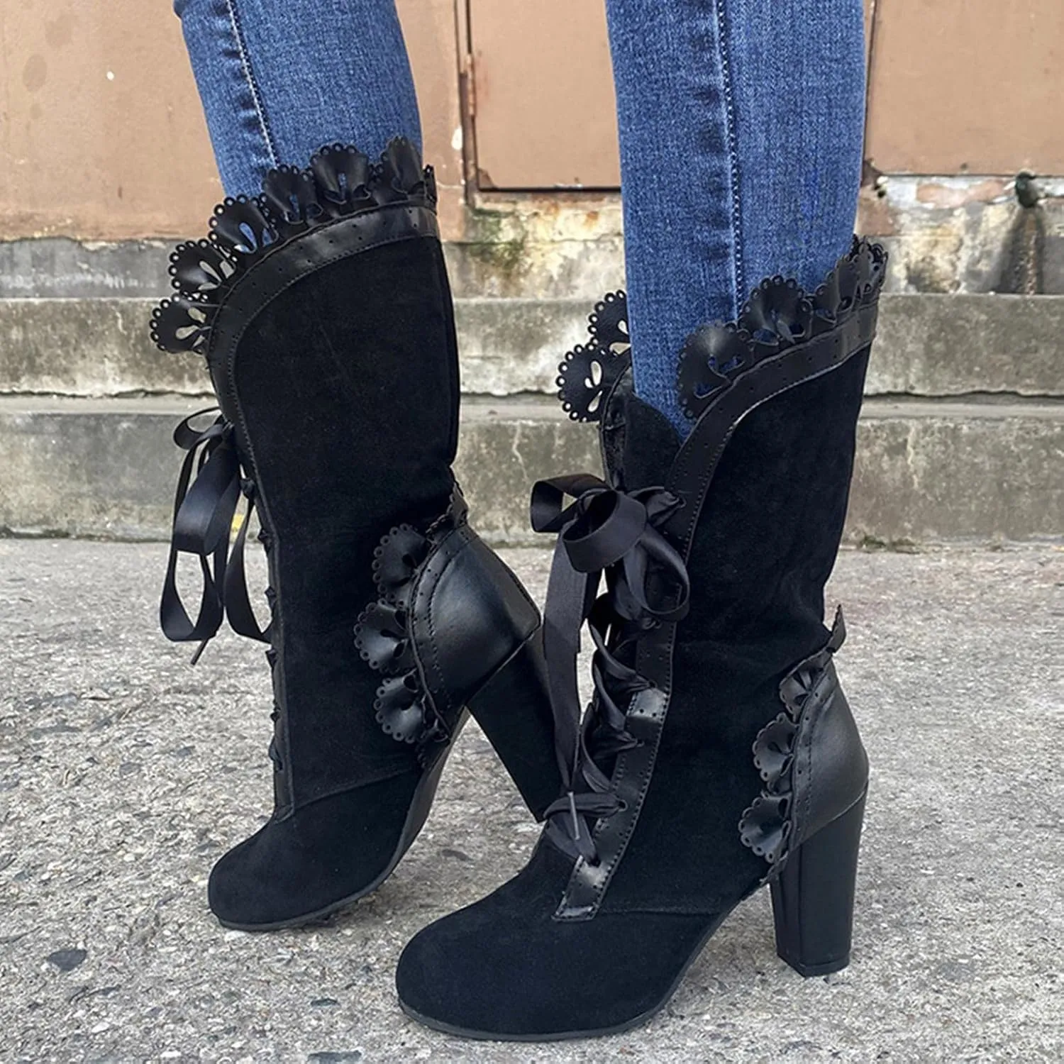 Ladies Mid-Calf Boots Medieval Retro Lace-up Square Heels Pointed Toe Winter Outdoor Combat Bootie Fashion Lace Boot