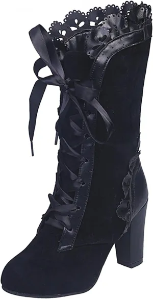 Ladies Mid-Calf Boots Medieval Retro Lace-up Square Heels Pointed Toe Winter Outdoor Combat Bootie Fashion Lace Boot