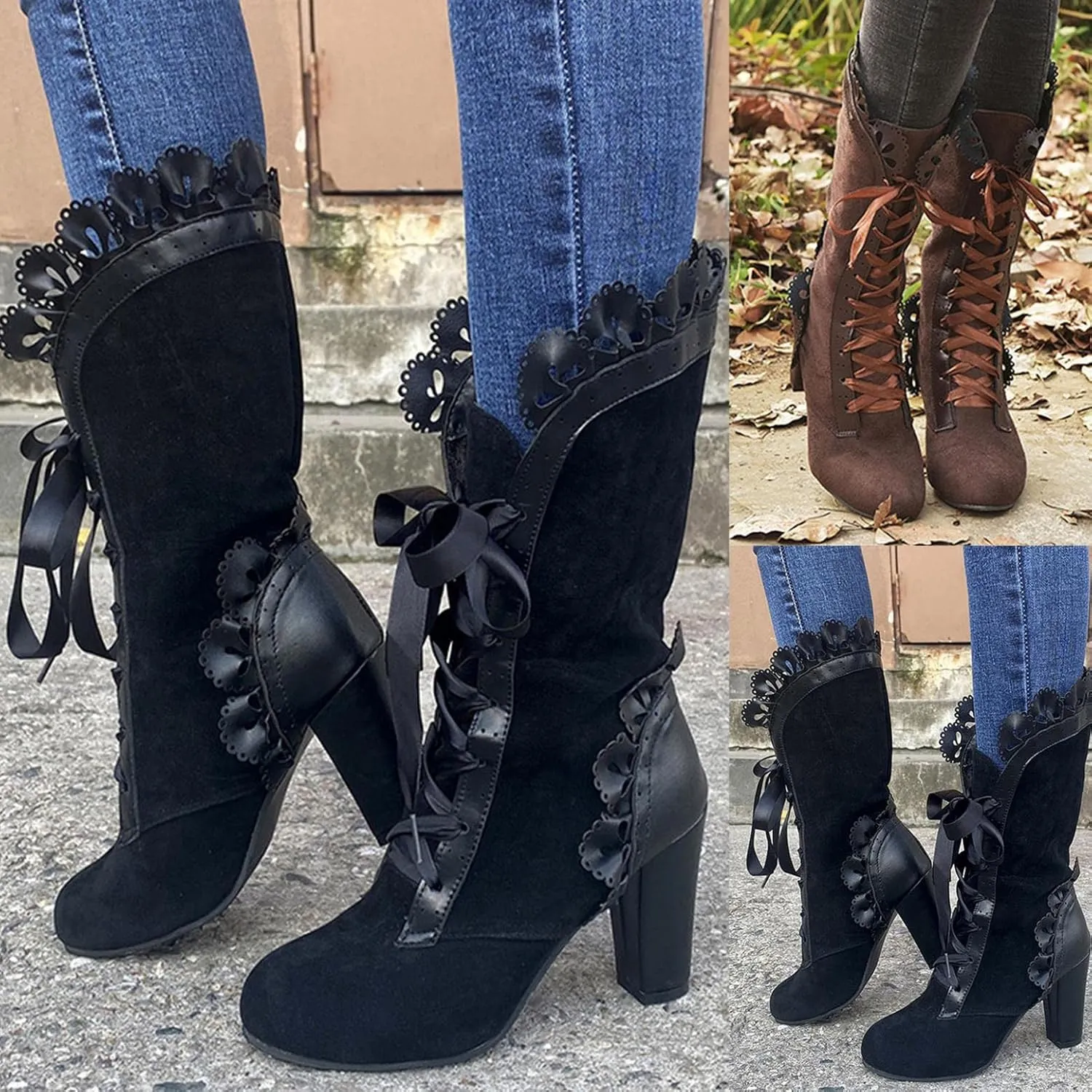 Ladies Mid-Calf Boots Medieval Retro Lace-up Square Heels Pointed Toe Winter Outdoor Combat Bootie Fashion Lace Boot