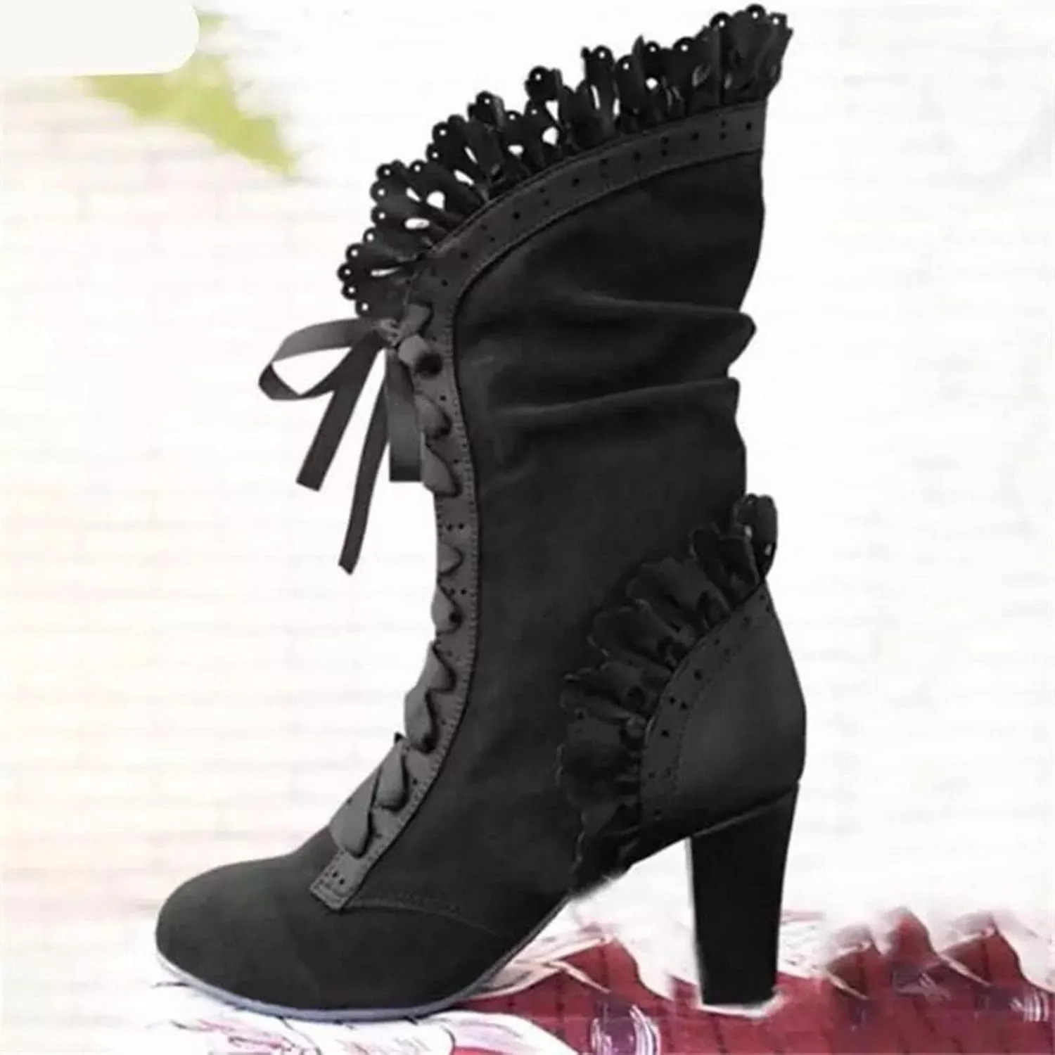 Ladies Mid-Calf Boots Medieval Retro Lace-up Square Heels Pointed Toe Winter Outdoor Combat Bootie Fashion Lace Boot