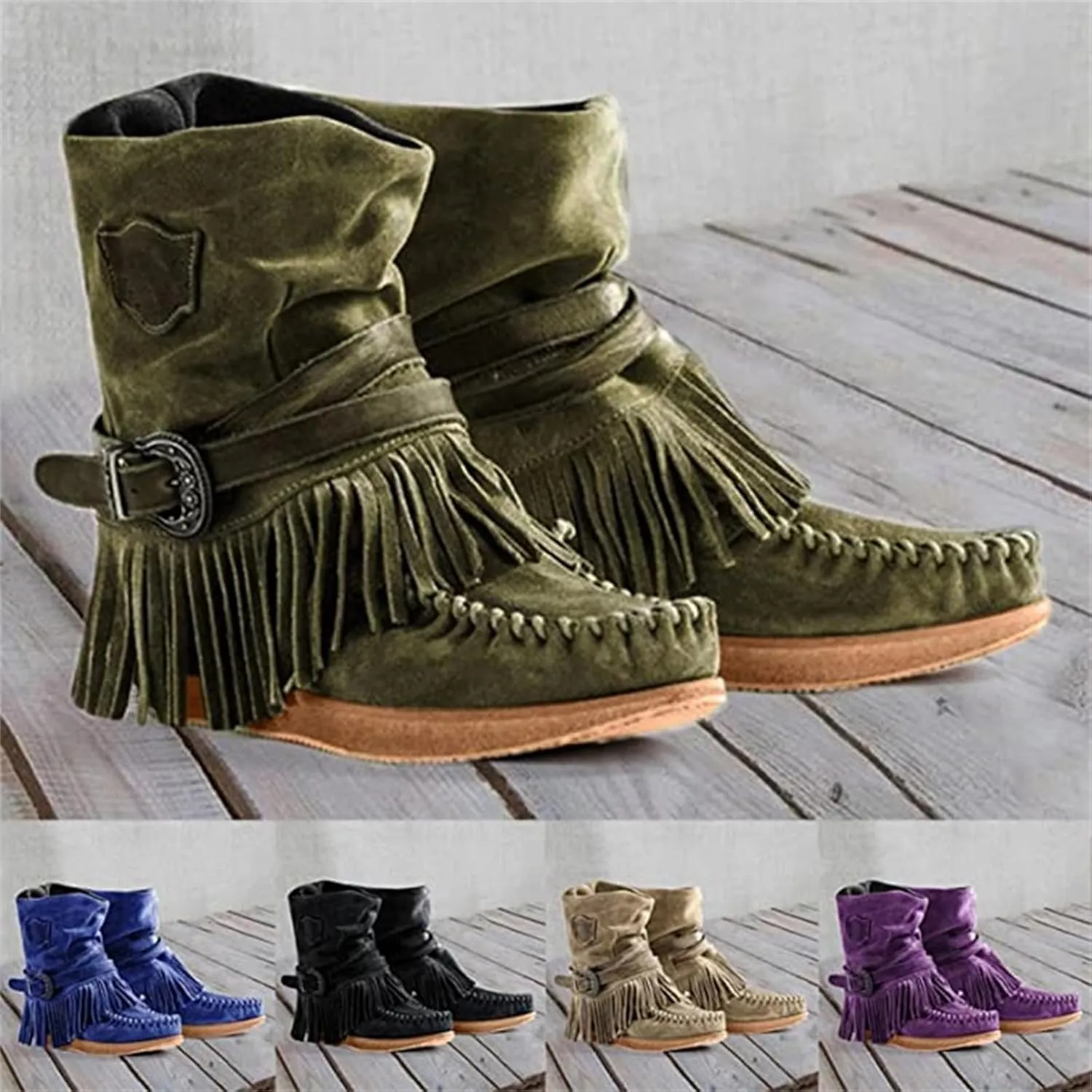 Lausiuoe Cowboy Boots For Women Wide Calf Wide Foot Fringe Western Dressy Cowgirl Ankle Boots Short Booties Shoes