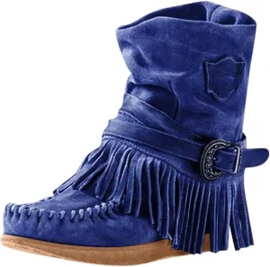 Lausiuoe Cowboy Boots For Women Wide Calf Wide Foot Fringe Western Dressy Cowgirl Ankle Boots Short Booties Shoes