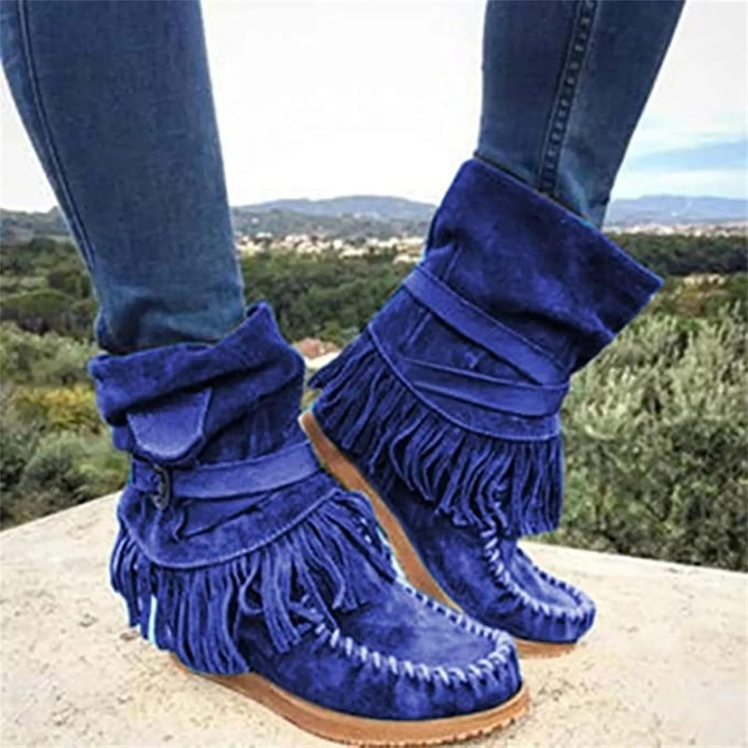 Lausiuoe Cowboy Boots For Women Wide Calf Wide Foot Fringe Western Dressy Cowgirl Ankle Boots Short Booties Shoes
