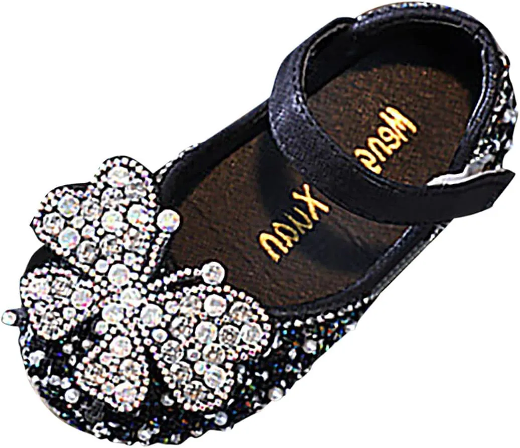 Little Girls hinestones Bow Mary Jane Dress Shoes Flower Wedding Shoes Glitter Sequins Princess Ballet Flat