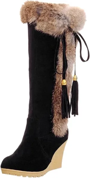Long Furry Warm Boots Women's Heel Foot Boots Snow Fashion Cover Slope Women's Boots Womens Mid Calf Boot