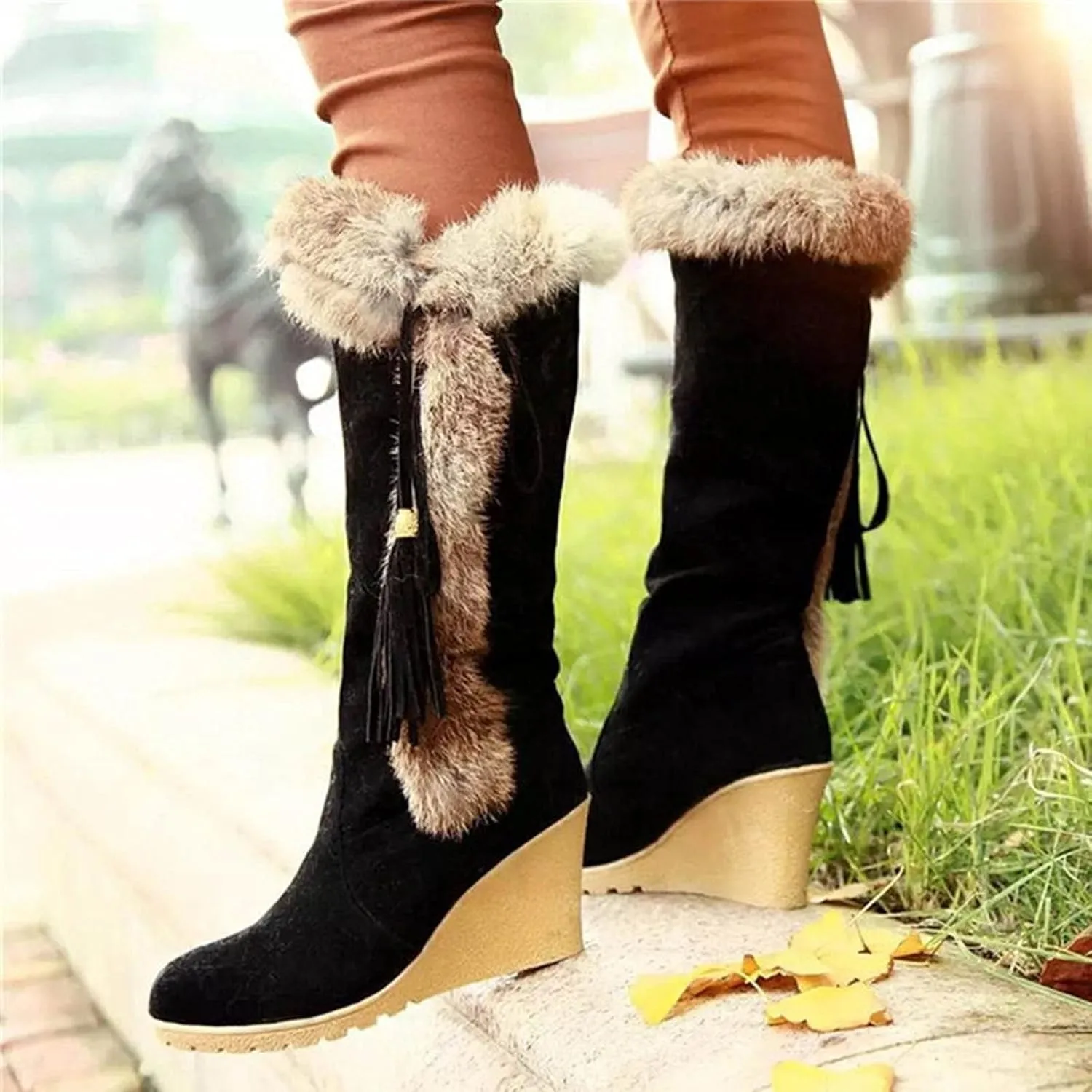Long Furry Warm Boots Women's Heel Foot Boots Snow Fashion Cover Slope Women's Boots Womens Mid Calf Boot