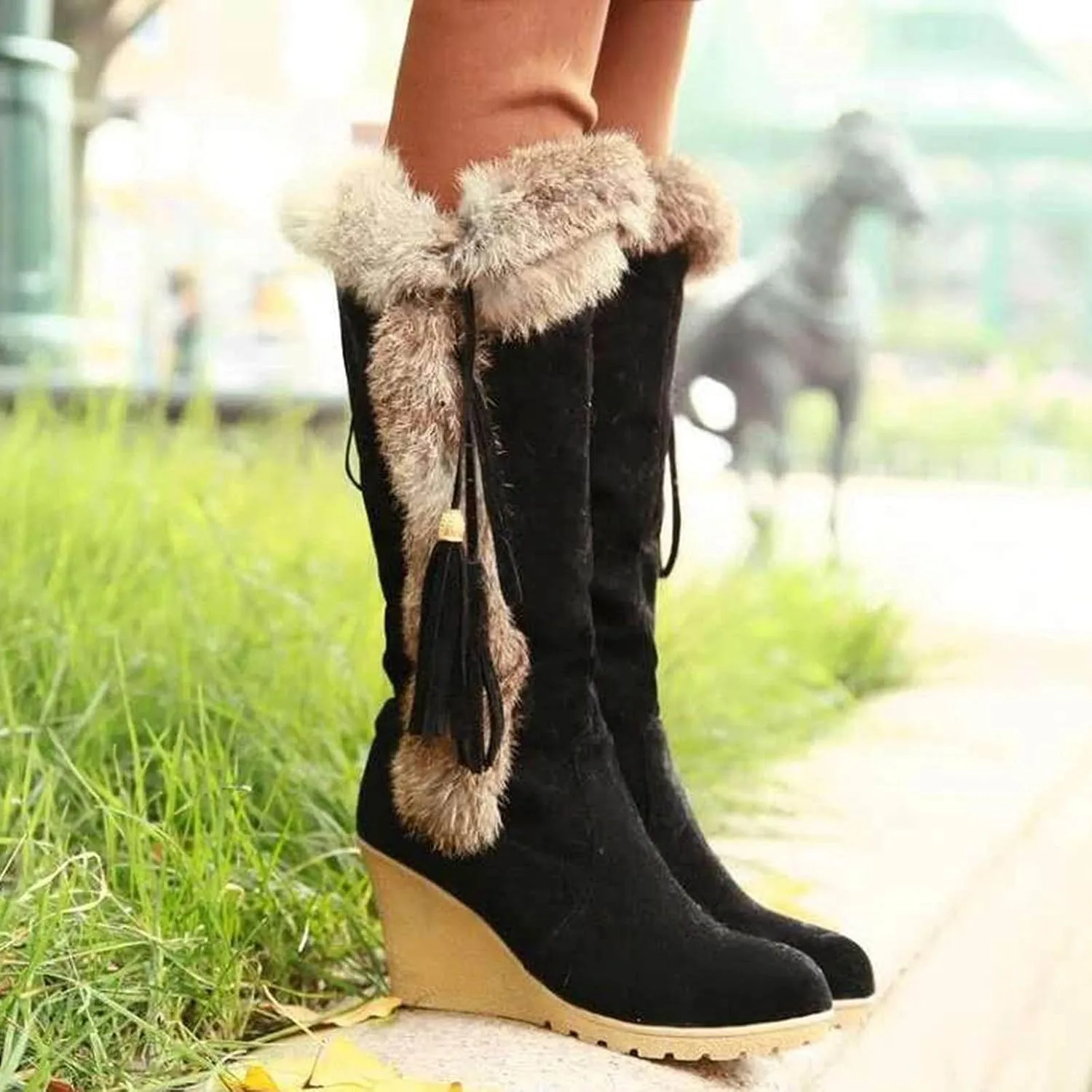 Long Furry Warm Boots Women's Heel Foot Boots Snow Fashion Cover Slope Women's Boots Womens Mid Calf Boot