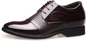 Men's Business Vegan Patent Leather Oxfords Lace up Perforated 6cm Taller Shoes Block Heel Point Toe Dress Oxfords Solid Color Formal Men