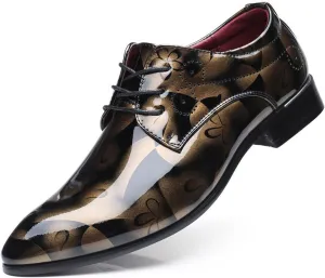 Mens Fashion Floral Patent Leather Tuxedo Oxfords Pointed Toe Shiny Flat Lace Up Formal Business Shoes for Men