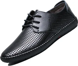 Men's Leather Lace Up Low Top Business Oxfords Shoes Hollow Breathable Casual Non-Slip Shallow Mouth Sneakers Fashion Dress Work Shoes