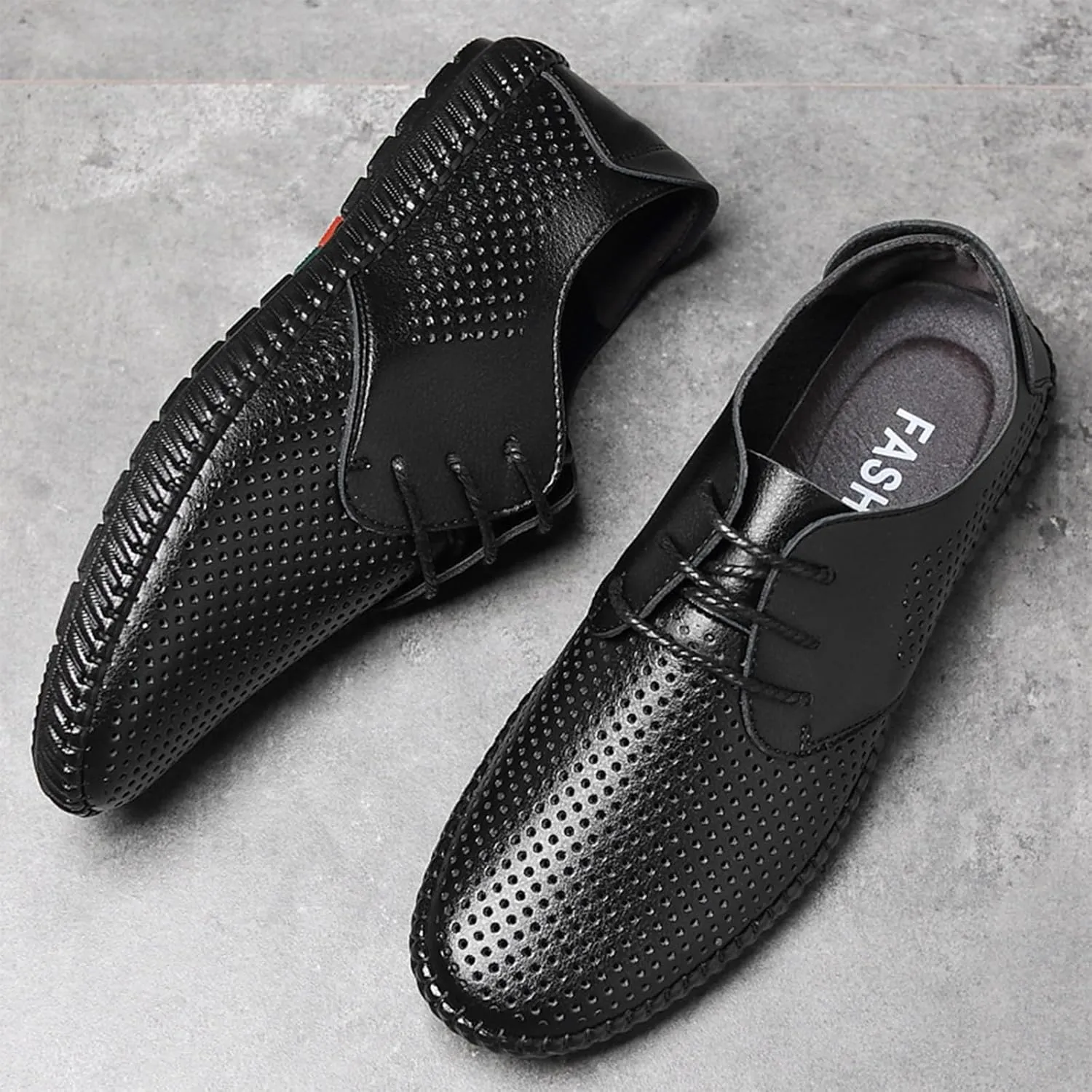 Men's Leather Lace Up Low Top Business Oxfords Shoes Hollow Breathable Casual Non-Slip Shallow Mouth Sneakers Fashion Dress Work Shoes