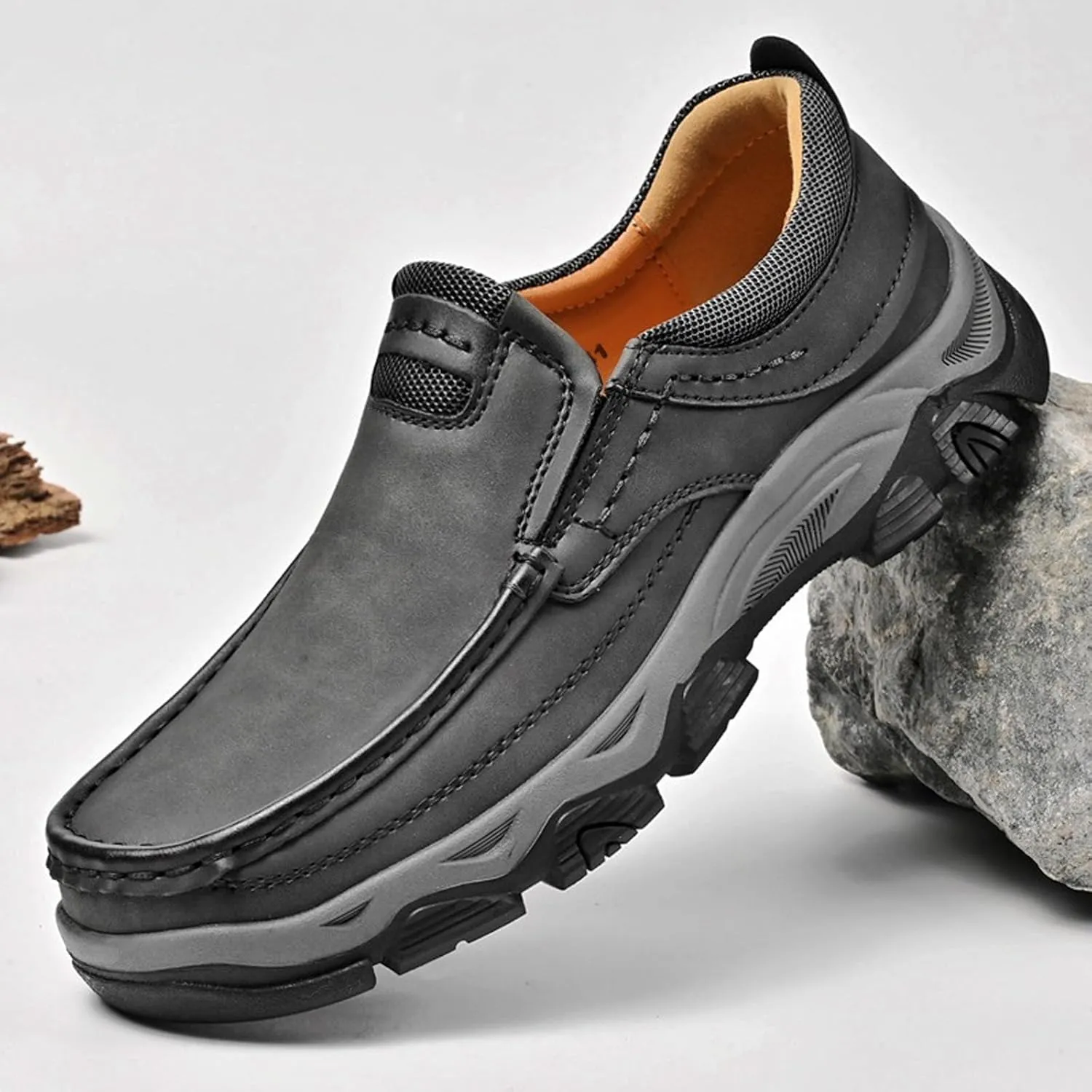Men's Slip On Leather Loafers Retro Waterproof Driving Shoes with Hand-Stitched Thick Collar Slip-Resistant Comfort Low top Walking Shoes for Office Work, Travel & Outdoor
