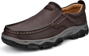 Men's Slip On Leather Loafers Retro Waterproof Driving Shoes with Hand-Stitched Thick Collar Slip-Resistant Comfort Low top Walking Shoes for Office Work, Travel & Outdoor