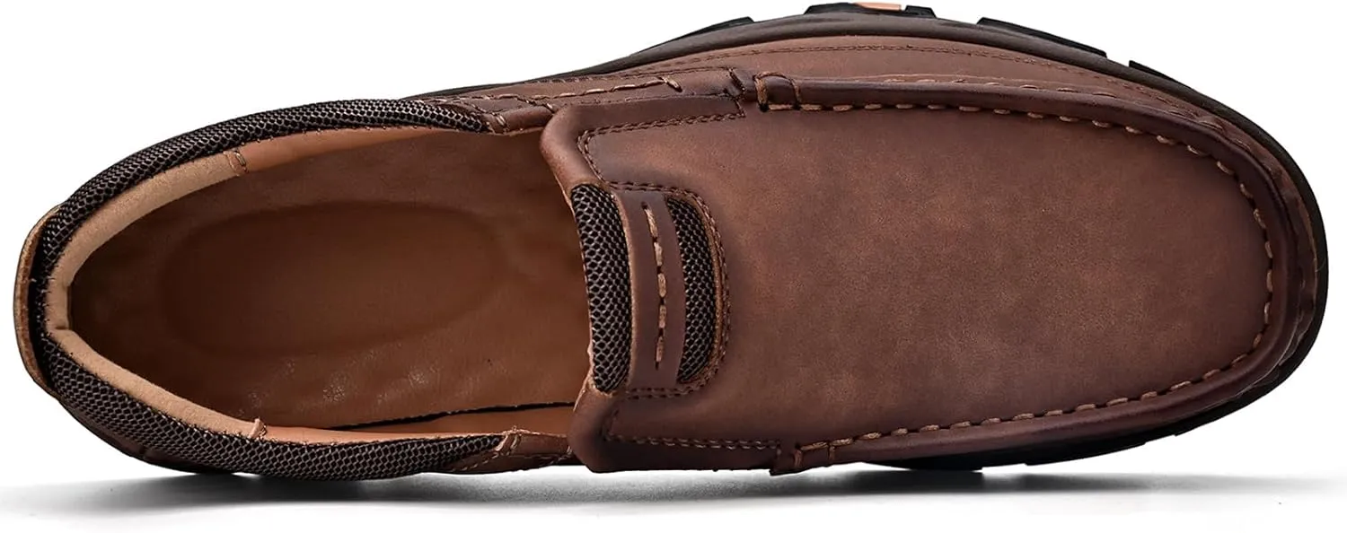 Men's Slip On Leather Loafers Retro Waterproof Driving Shoes with Hand-Stitched Thick Collar Slip-Resistant Comfort Low top Walking Shoes for Office Work, Travel & Outdoor