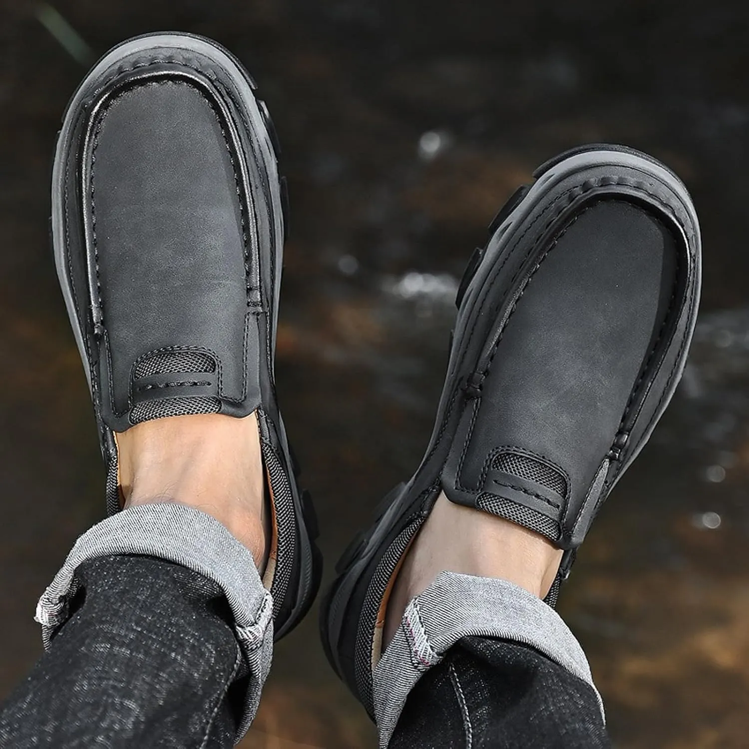 Men's Slip On Leather Loafers Retro Waterproof Driving Shoes with Hand-Stitched Thick Collar Slip-Resistant Comfort Low top Walking Shoes for Office Work, Travel & Outdoor
