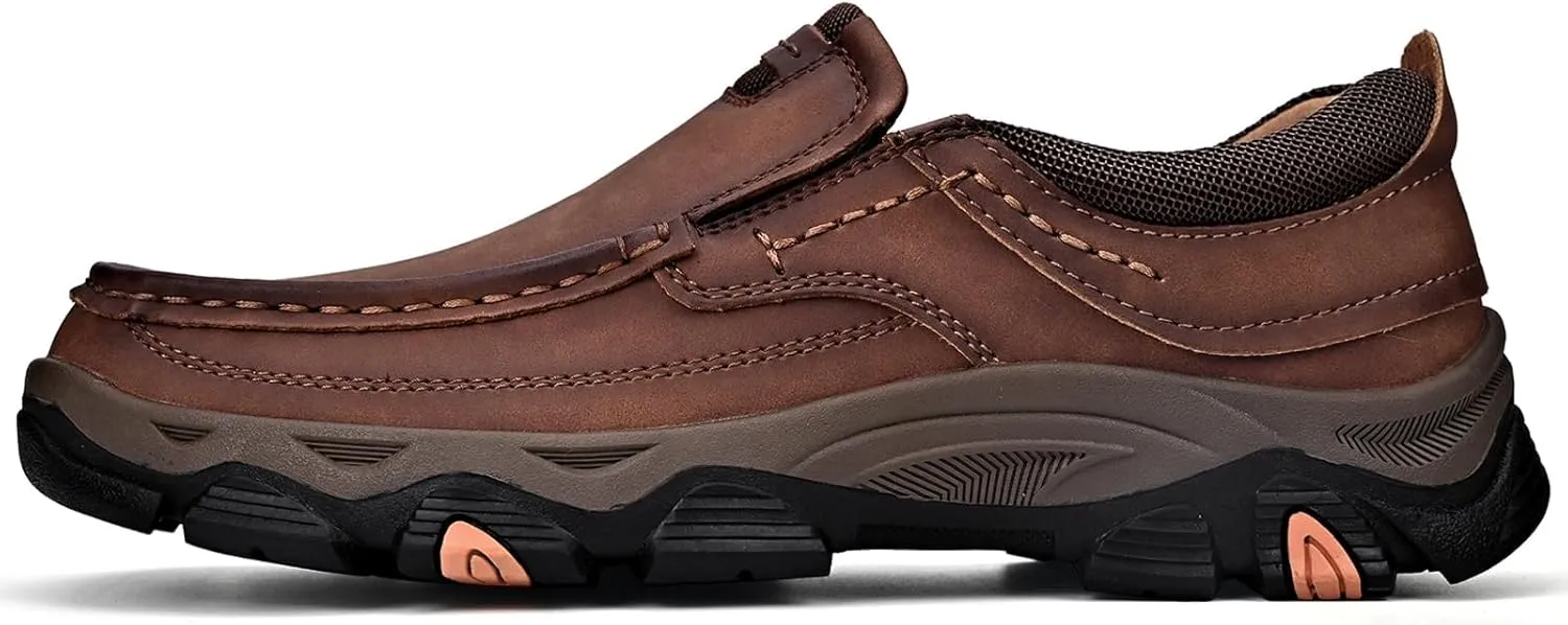 Men's Slip On Leather Loafers Retro Waterproof Driving Shoes with Hand-Stitched Thick Collar Slip-Resistant Comfort Low top Walking Shoes for Office Work, Travel & Outdoor