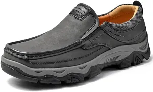 Men's Slip On Leather Loafers Retro Waterproof Driving Shoes with Hand-Stitched Thick Collar Slip-Resistant Comfort Low top Walking Shoes for Office Work, Travel & Outdoor