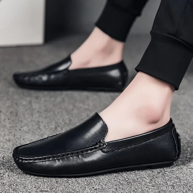 Men's Solid Color Round Toe PU Leather Loafers - Lightweight, Flexible, Comfortable Driving Shoes for Outdoor & Prom Slip-On