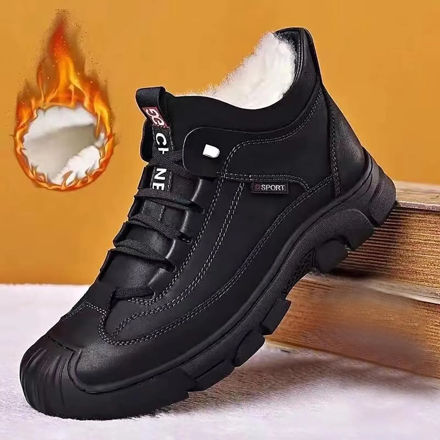 Men's Winter Lace Up Plush and Thickened Casual Soft Sole Slip Fashionable Leather Upper Father's Snow Warm Boots Mens