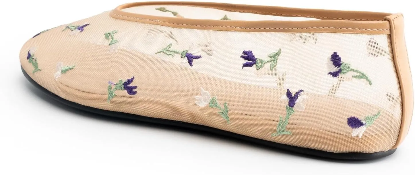 Mesh Ballet Flats for Women,Floral Embroidered Tulle Round Toe Ballerina Shoes,Slip on Comfortable Casual Daily Dress Flats Shoes