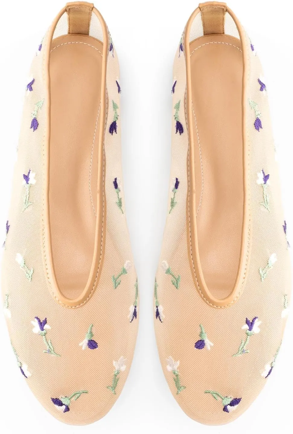 Mesh Ballet Flats for Women,Floral Embroidered Tulle Round Toe Ballerina Shoes,Slip on Comfortable Casual Daily Dress Flats Shoes