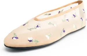 Mesh Ballet Flats for Women,Floral Embroidered Tulle Round Toe Ballerina Shoes,Slip on Comfortable Casual Daily Dress Flats Shoes