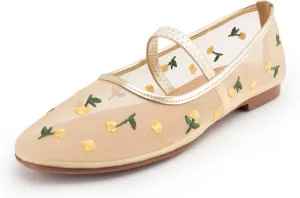Mesh Ballet Flats for Women,Tulle Floral Embroidered Elastic Strap Mary Jane Flats,Round Toe Slip on Comfortable Casual Daily Dress Ballerina Shoes