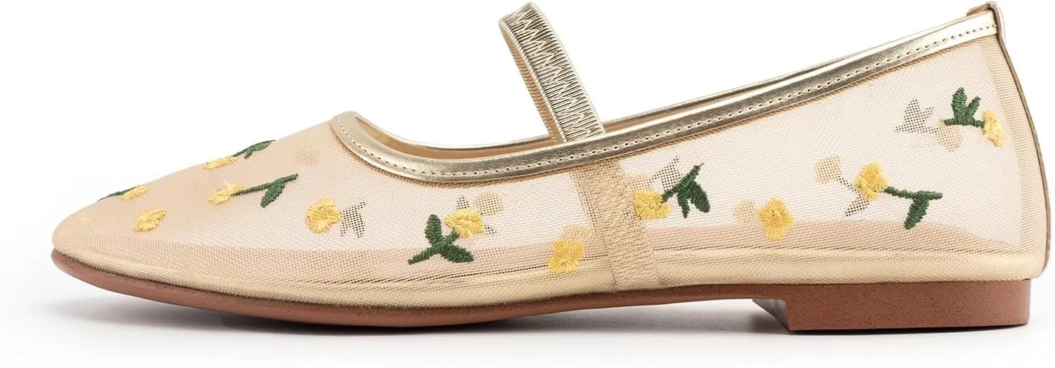 Mesh Ballet Flats for Women,Tulle Floral Embroidered Elastic Strap Mary Jane Flats,Round Toe Slip on Comfortable Casual Daily Dress Ballerina Shoes