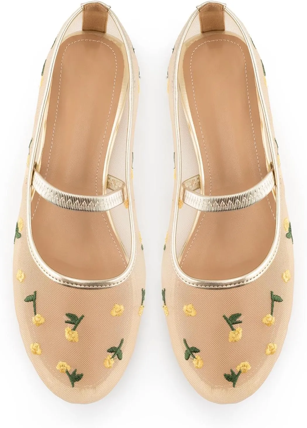 Mesh Ballet Flats for Women,Tulle Floral Embroidered Elastic Strap Mary Jane Flats,Round Toe Slip on Comfortable Casual Daily Dress Ballerina Shoes