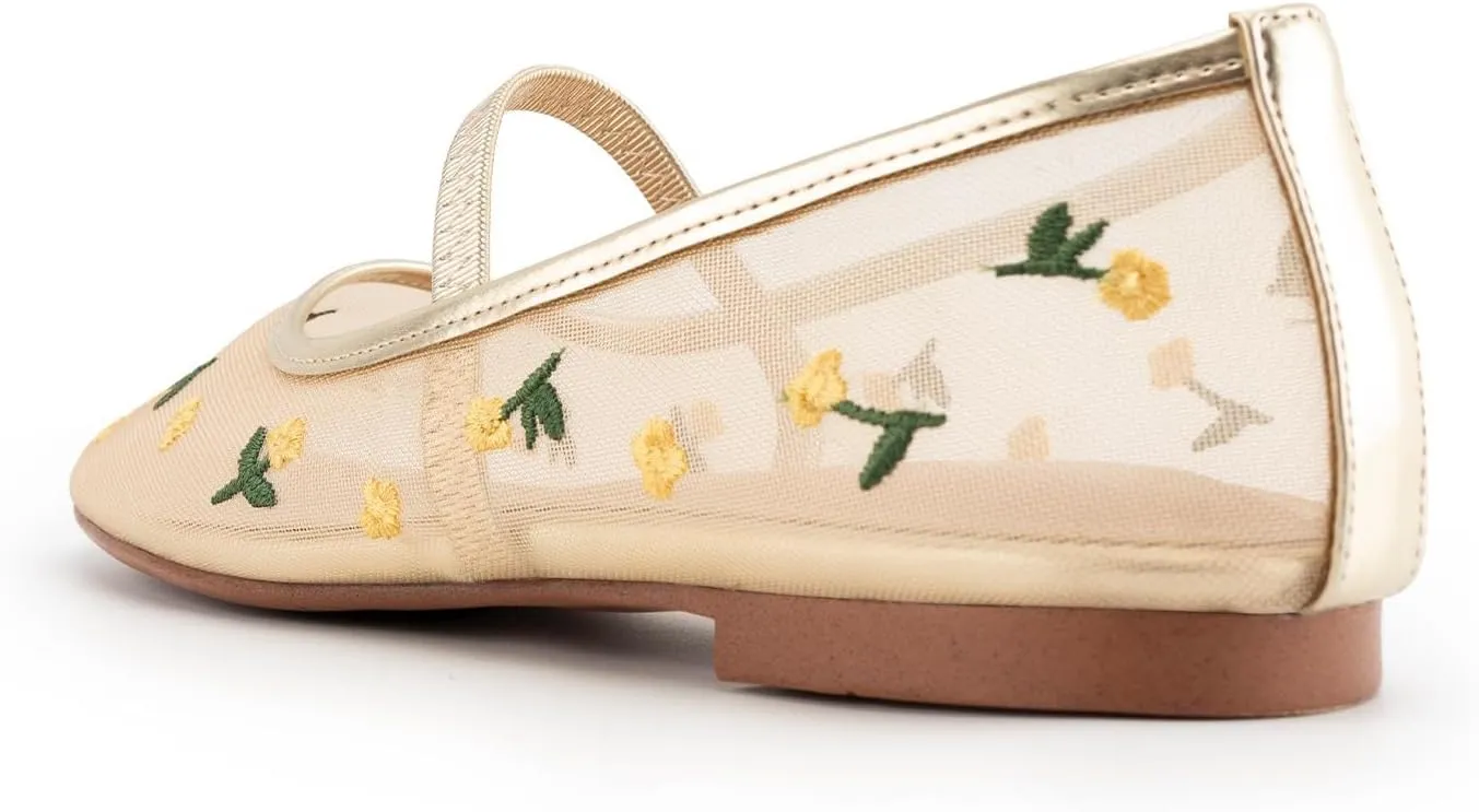 Mesh Ballet Flats for Women,Tulle Floral Embroidered Elastic Strap Mary Jane Flats,Round Toe Slip on Comfortable Casual Daily Dress Ballerina Shoes