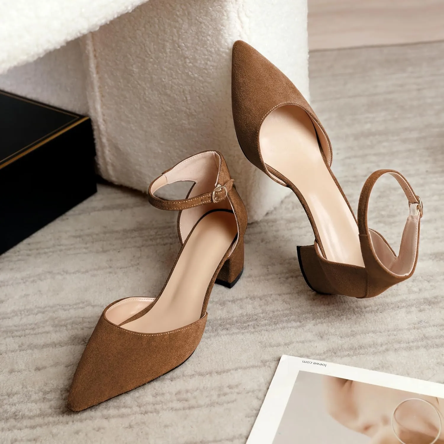 Mettesally Women's Low Block Heels Chunky Heel Closed Pointed Toe D'Orsay Pumps Ankle Strap Heeled Party Dress Shoes