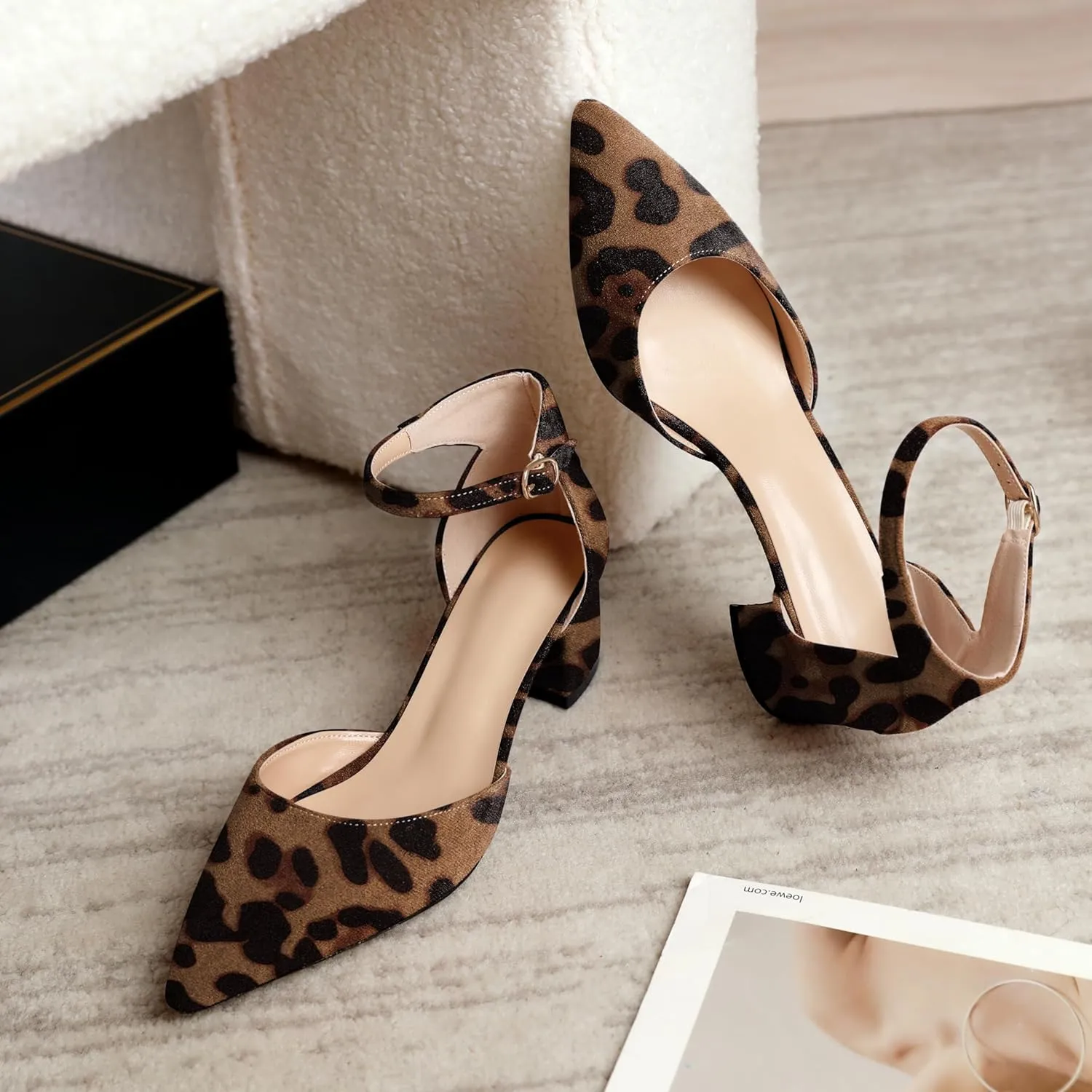 Mettesally Women's Low Block Heels Chunky Heel Closed Pointed Toe D'Orsay Pumps Ankle Strap Heeled Party Dress Shoes