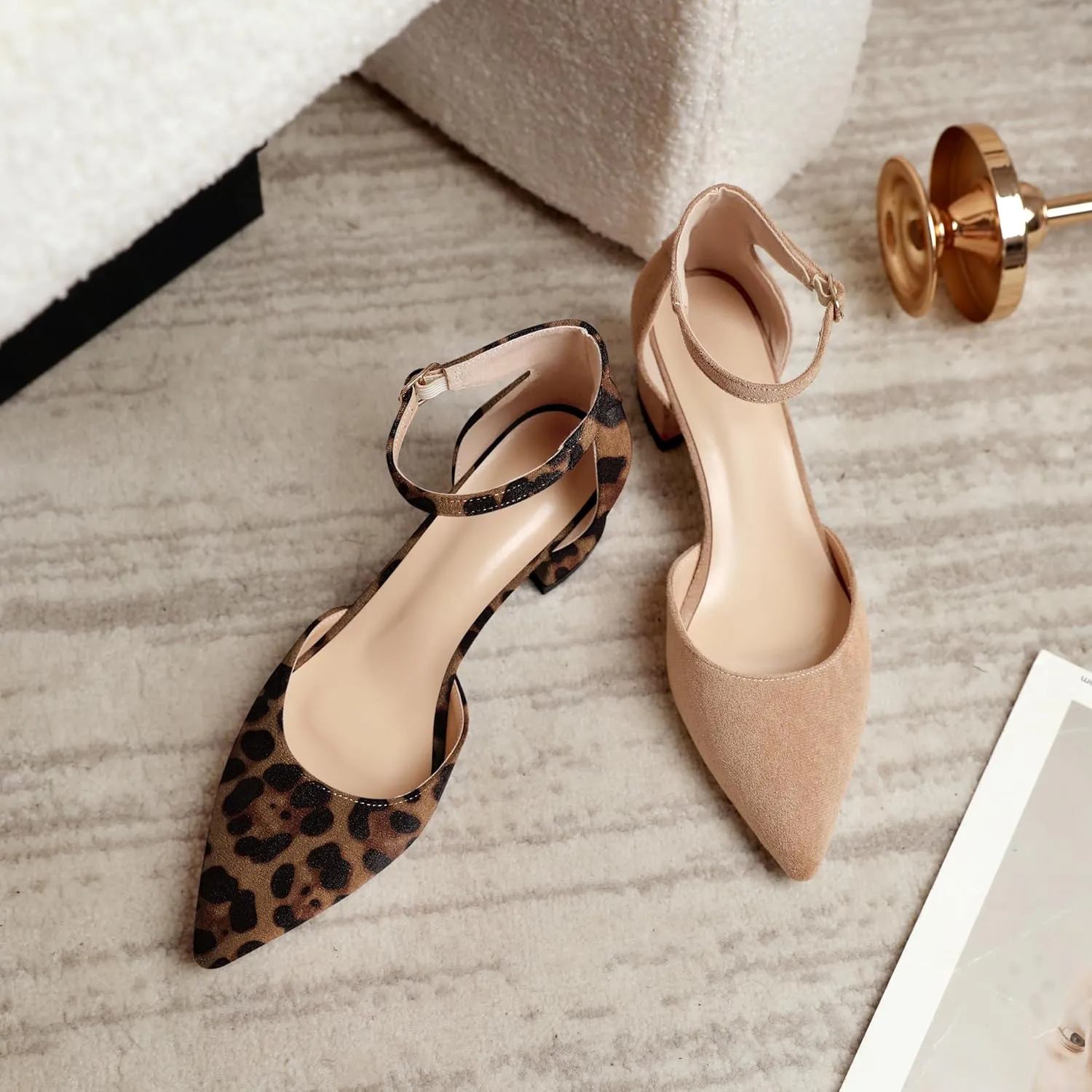 Mettesally Women's Low Block Heels Chunky Heel Closed Pointed Toe D'Orsay Pumps Ankle Strap Heeled Party Dress Shoes