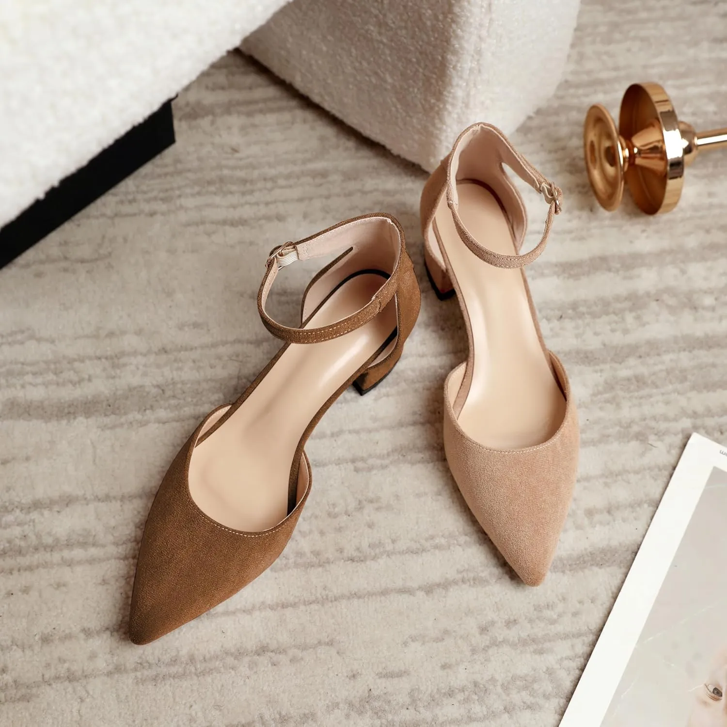 Mettesally Women's Low Block Heels Chunky Heel Closed Pointed Toe D'Orsay Pumps Ankle Strap Heeled Party Dress Shoes
