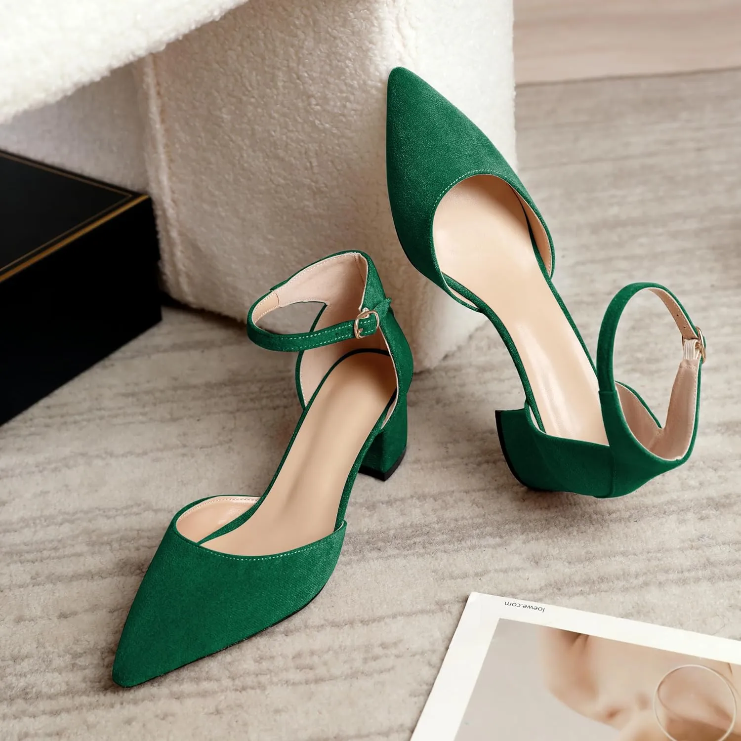 Mettesally Women's Low Block Heels Chunky Heel Closed Pointed Toe D'Orsay Pumps Ankle Strap Heeled Party Dress Shoes