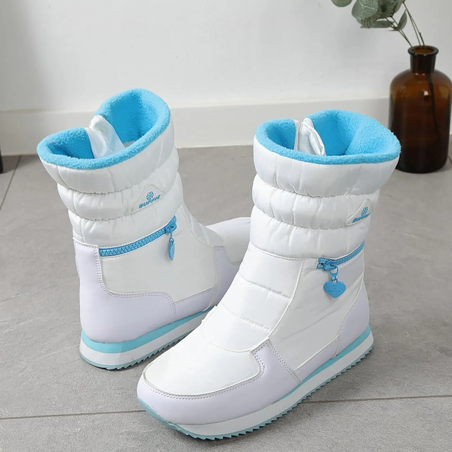 Mid Calf Snow Boots for Women Faux Furry Lined Low Heel Leather Waterproof Slip on Comfortable Fall Winter Boots Zip Up Vintage 2024 Women's Booties Ladies Boots
