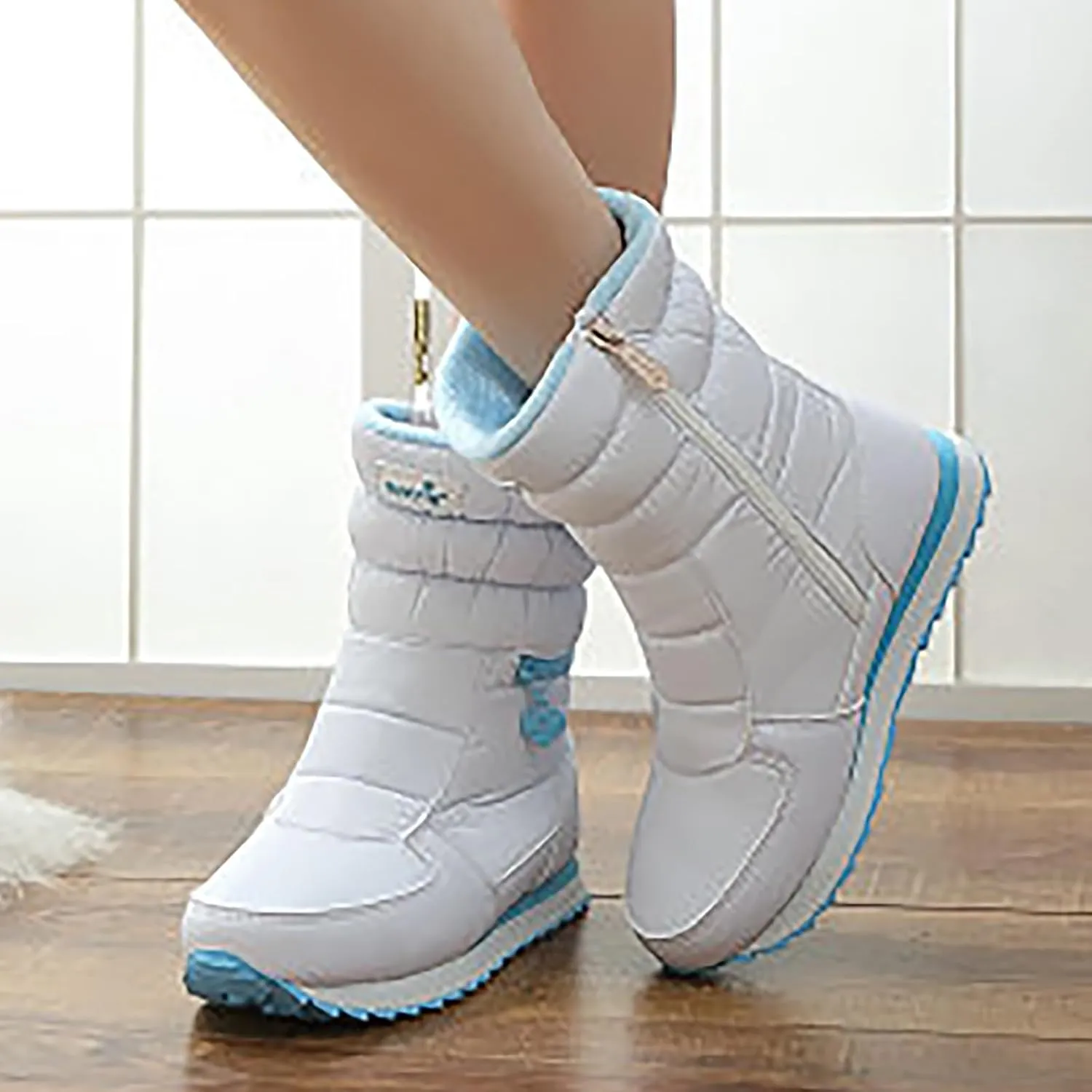 Mid Calf Snow Boots for Women Faux Furry Lined Low Heel Leather Waterproof Slip on Comfortable Fall Winter Boots Zip Up Vintage 2024 Women's Booties Ladies Boots
