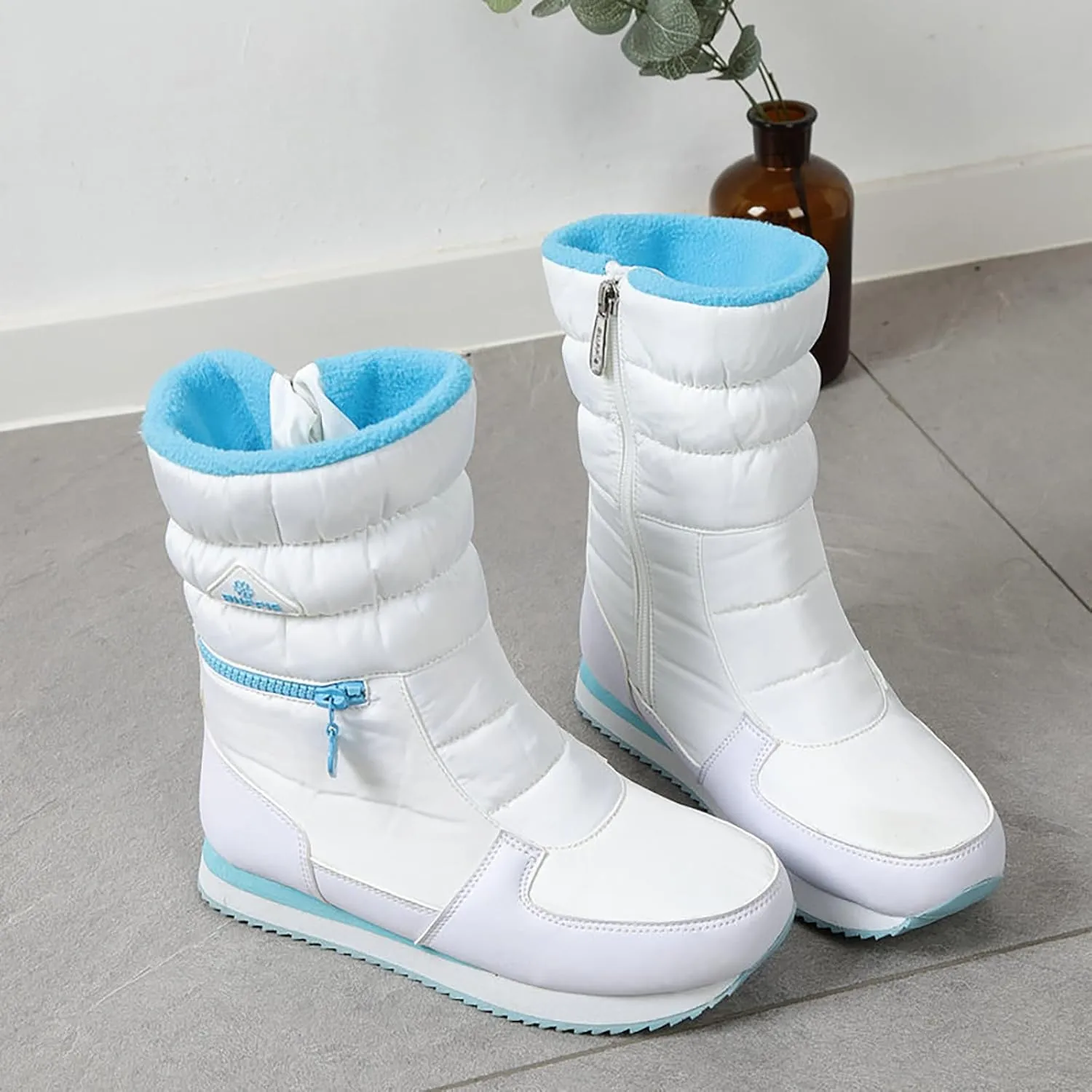 Mid Calf Snow Boots for Women Faux Furry Lined Low Heel Leather Waterproof Slip on Comfortable Fall Winter Boots Zip Up Vintage 2024 Women's Booties Ladies Boots