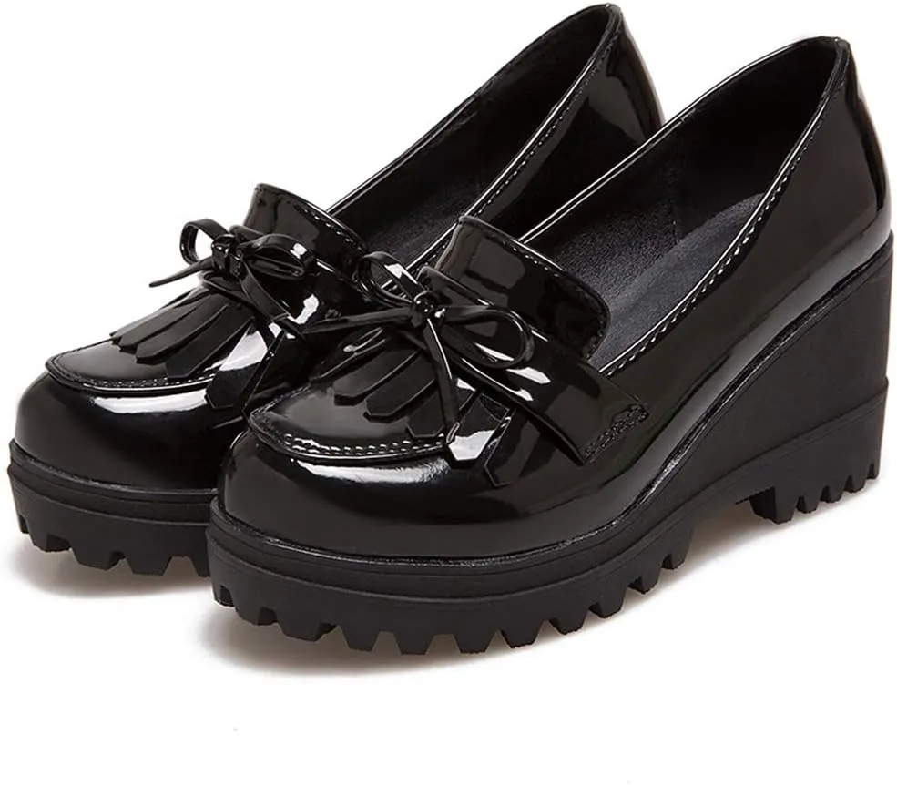 MIOKE Women's Platform Tassel Oxford Shoes Slip On Comfortable Chunky High Heel Fringed Dress Wedge Shoe