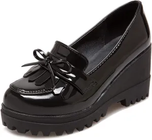 MIOKE Women's Platform Tassel Oxford Shoes Slip On Comfortable Chunky High Heel Fringed Dress Wedge Shoe