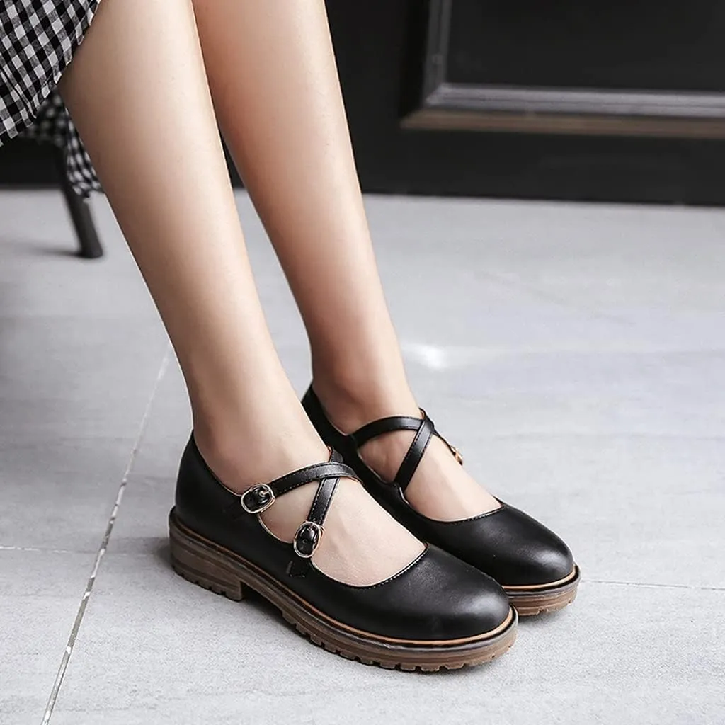 MIOKE Women's Retro Mary Jane Oxford Pumps Round Toe Buckle Cross Strap Comfy Chunky Low Heel Dress Shoes