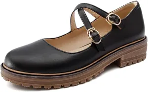 MIOKE Women's Retro Mary Jane Oxford Pumps Round Toe Buckle Cross Strap Comfy Chunky Low Heel Dress Shoes