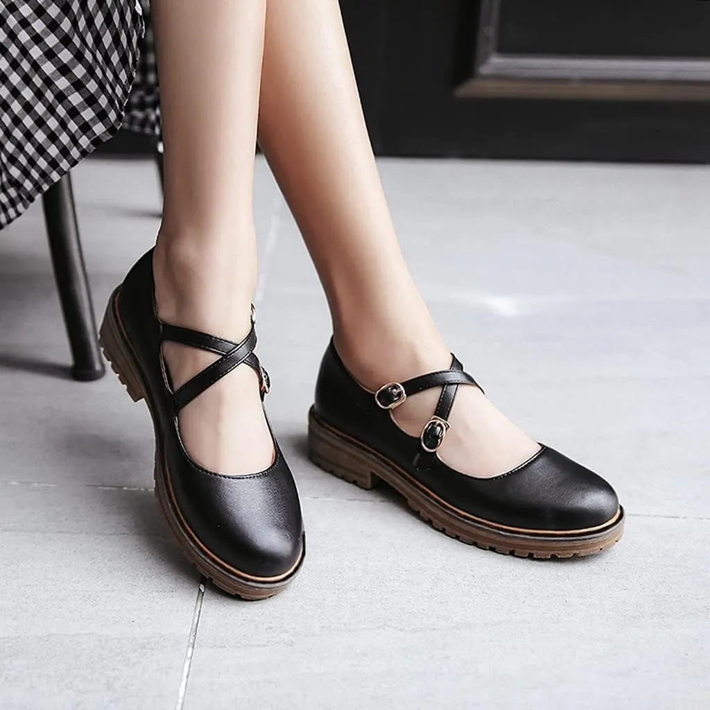 MIOKE Women's Retro Mary Jane Oxford Pumps Round Toe Buckle Cross Strap Comfy Chunky Low Heel Dress Shoes