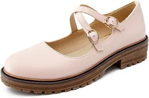 MIOKE Women's Retro Mary Jane Oxford Pumps Round Toe Buckle Cross Strap Comfy Chunky Low Heel Dress Shoes